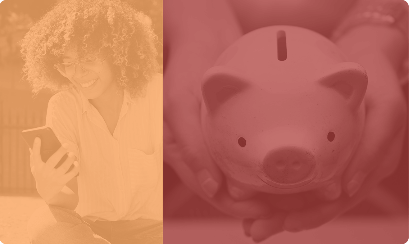 photos of woman on phone and piggy bank